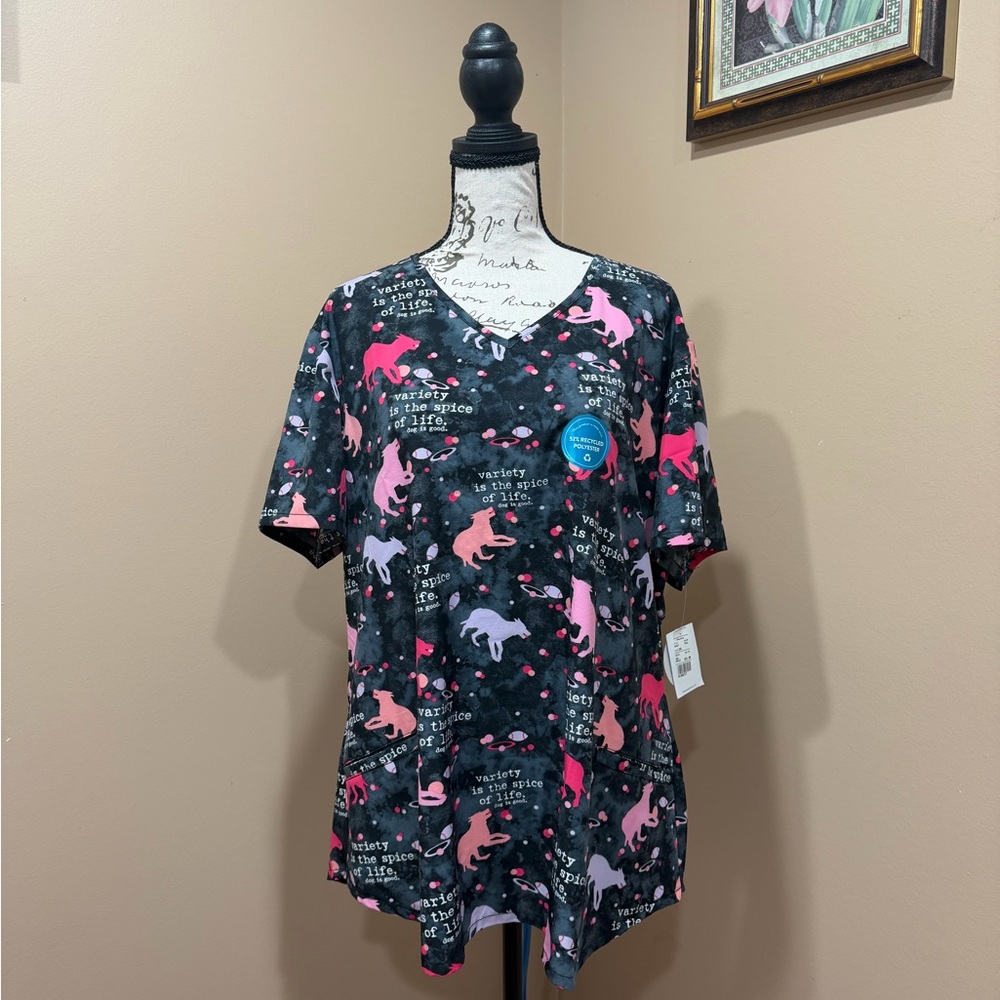 Cherokee Dog Is Good Scrub Top NWT 2XL Pink Dog Print Medical Uniform V-Neck